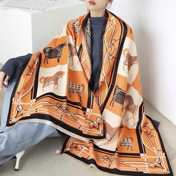 Sarrah Accessories - Reversible New Cashmere Western Horse Scarf Shawl Pashmina Blanket Wrap wFringe